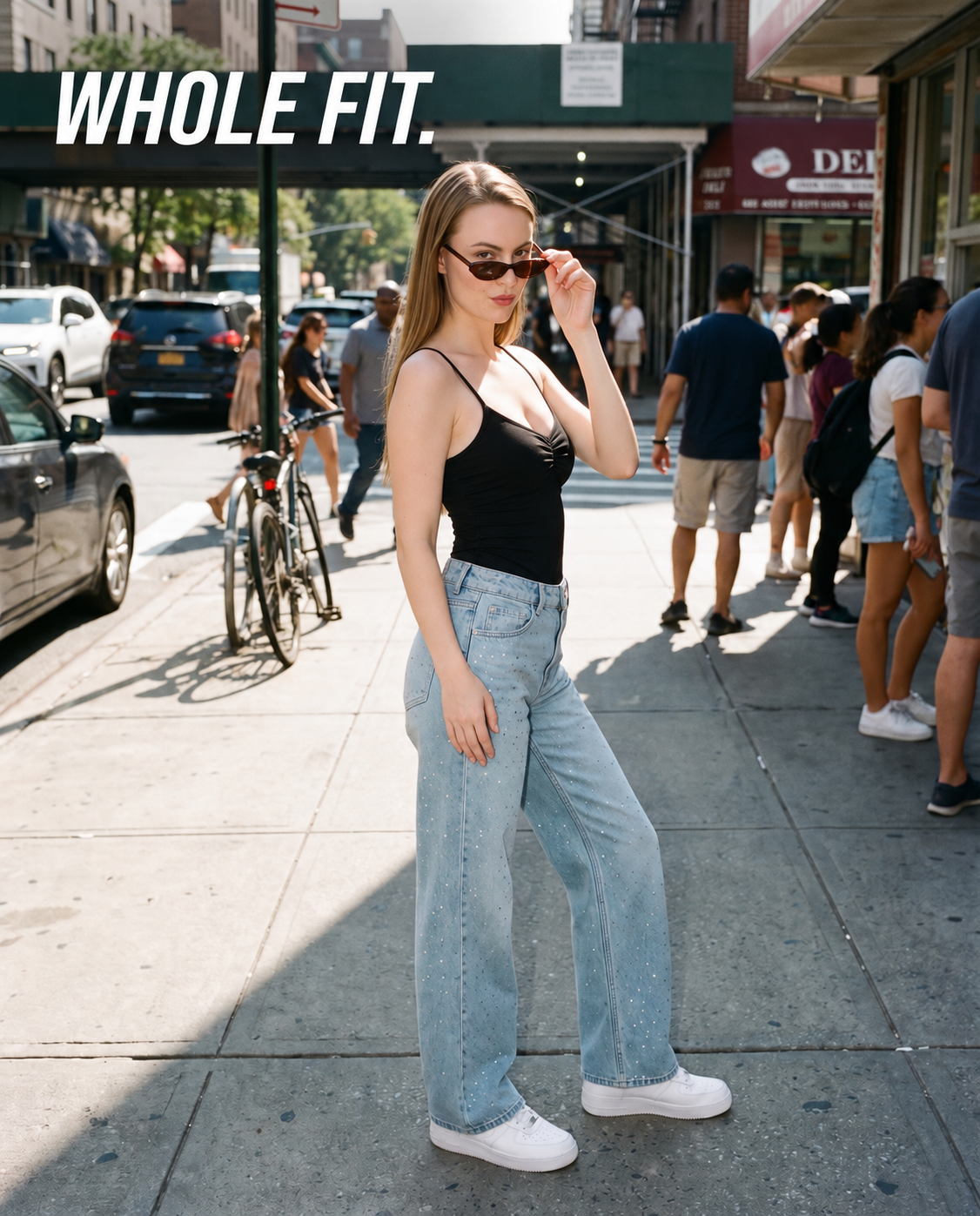 The denim Fit — complete outfit with a relaxed pose.