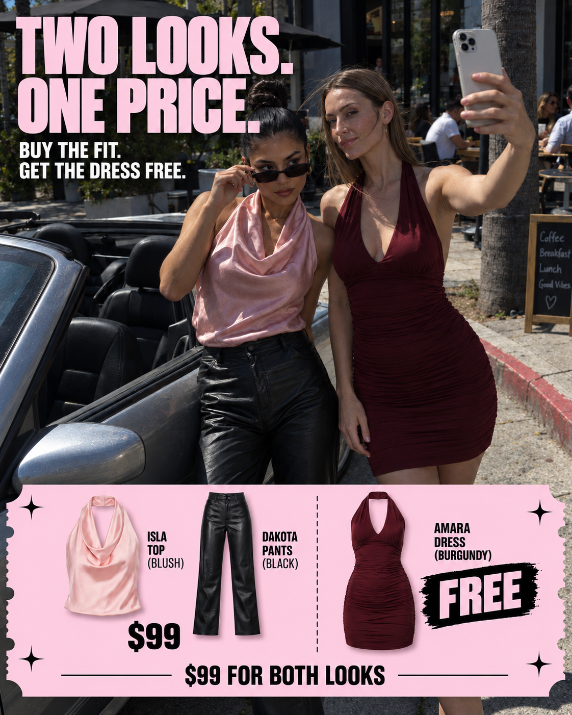 Two models in a convertible wearing the Isla Blush top with Dakota Black pants and the Amara Burgundy mini dress.