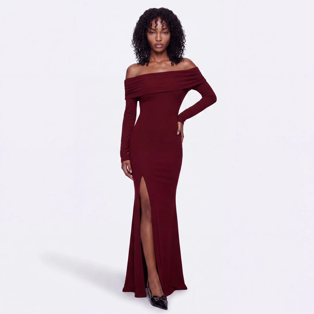 Valentina Off-Shoulder Gown — Burgundy