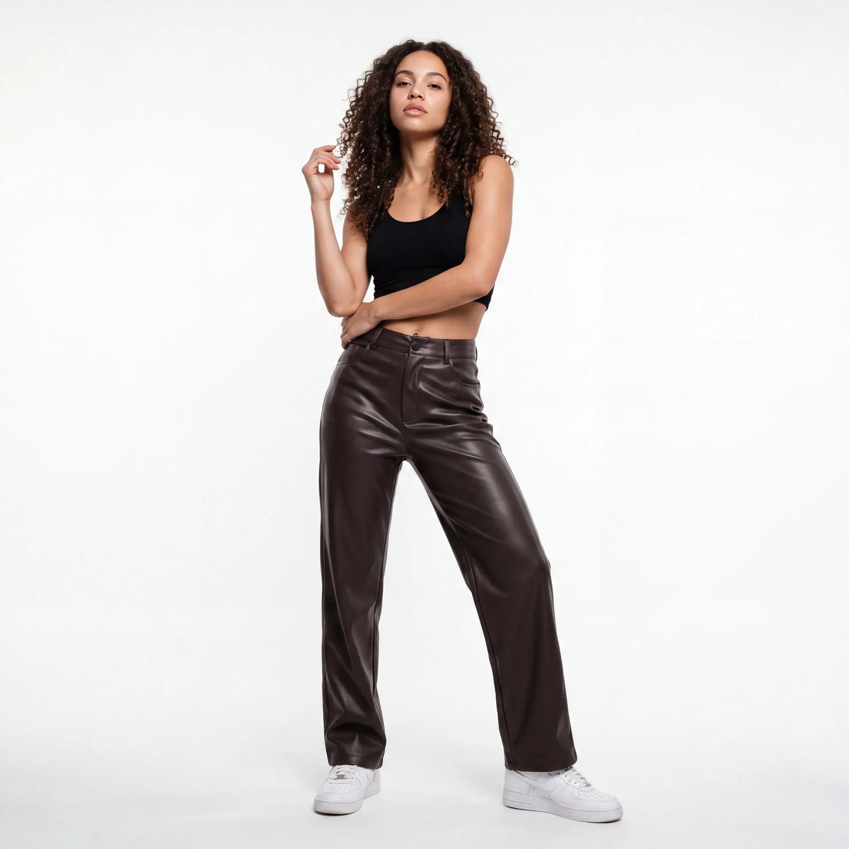Dakota Leather-Look Straight Pants — Chocolate