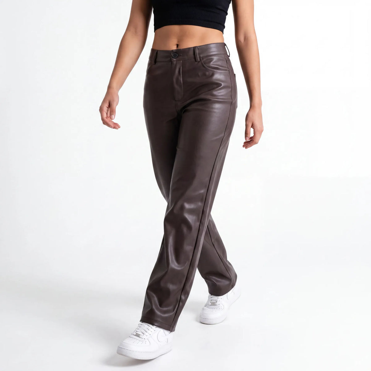 Dakota Leather-Look Straight Pants — Chocolate