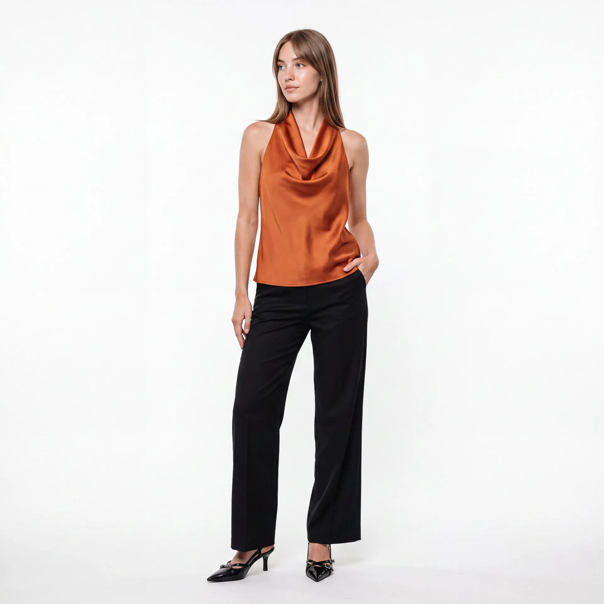 Isla Satin Cowl Halter Top — Rust