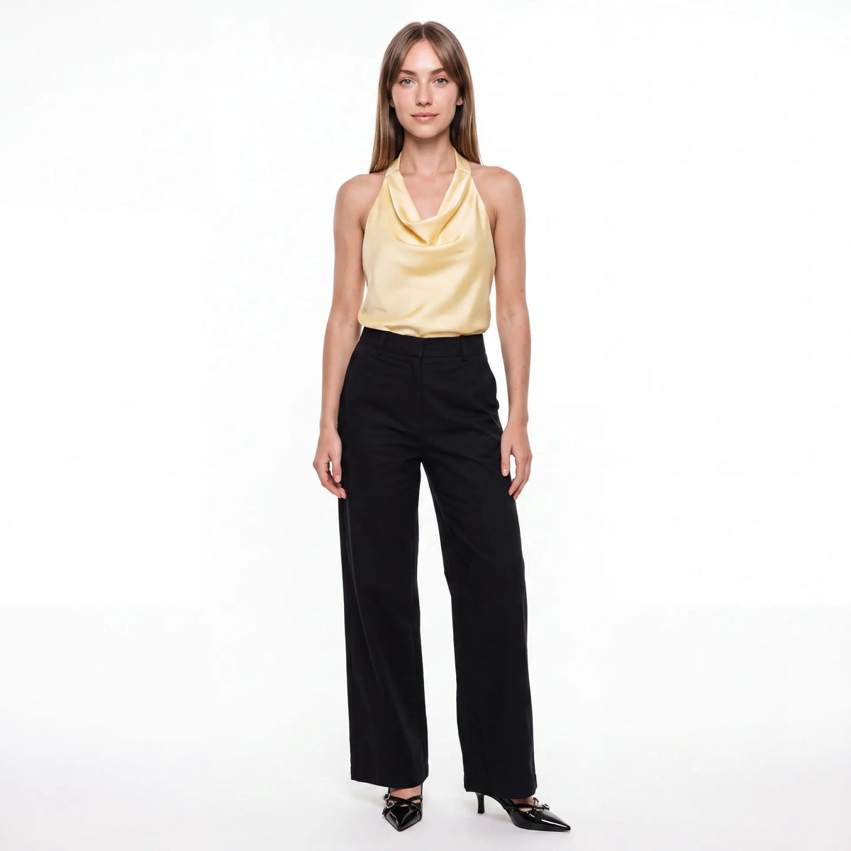 Isla Satin Cowl Halter Top — Vanilla