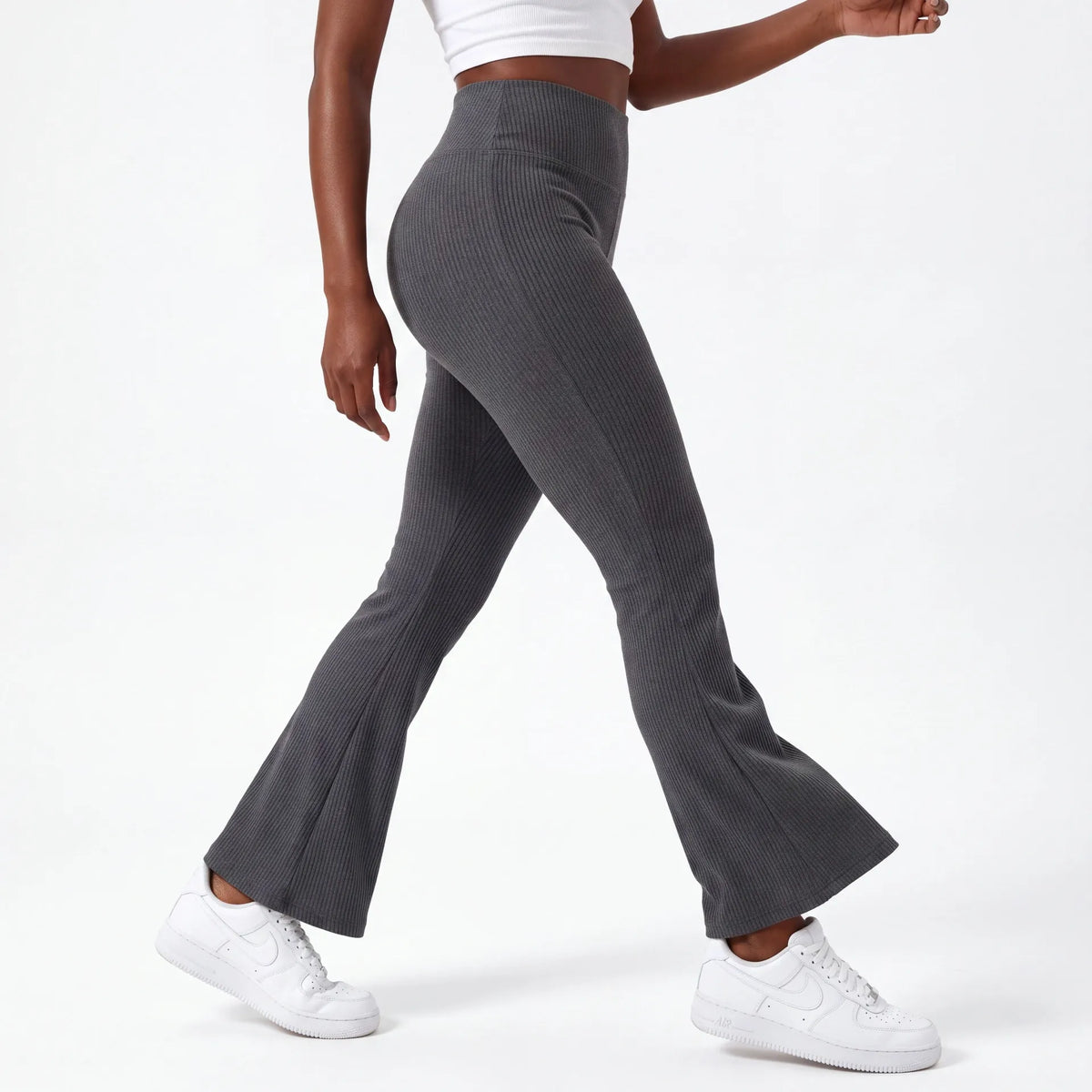 Sage Ribbed Flare Pants — Charcoal