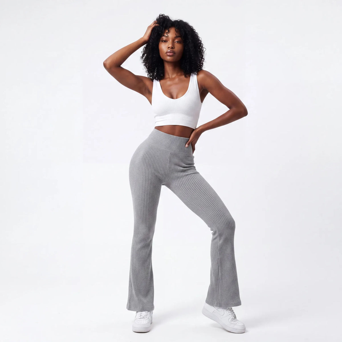 Sage Ribbed Flare Pants — Heather Grey