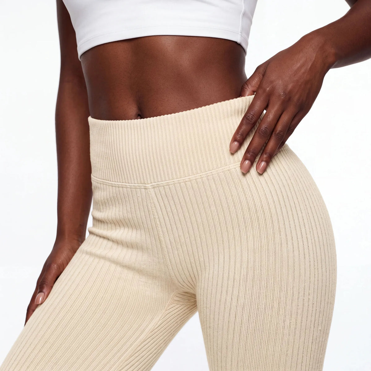 Sage Ribbed Flare Pants — Vanilla