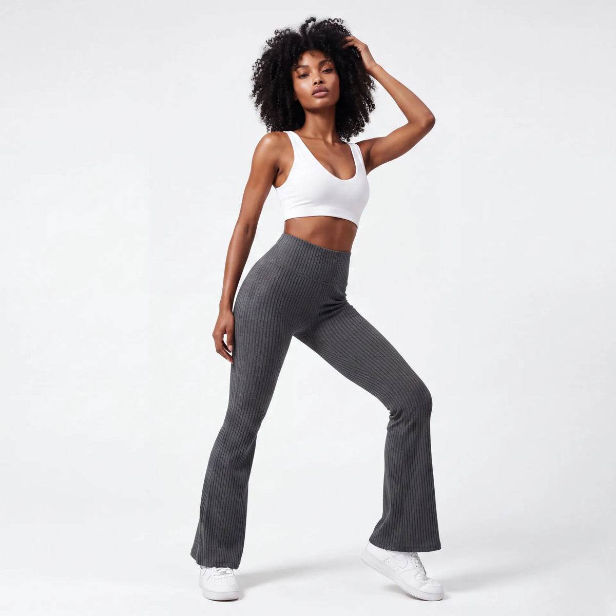 Sage Ribbed Flare Pants — Charcoal