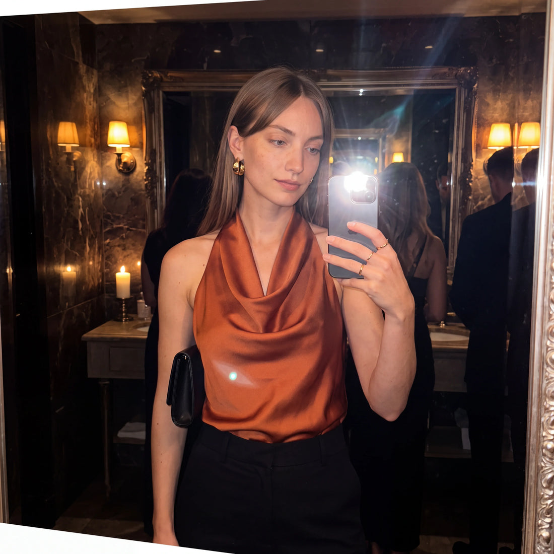 Isla Satin Cowl Halter Top — Rust