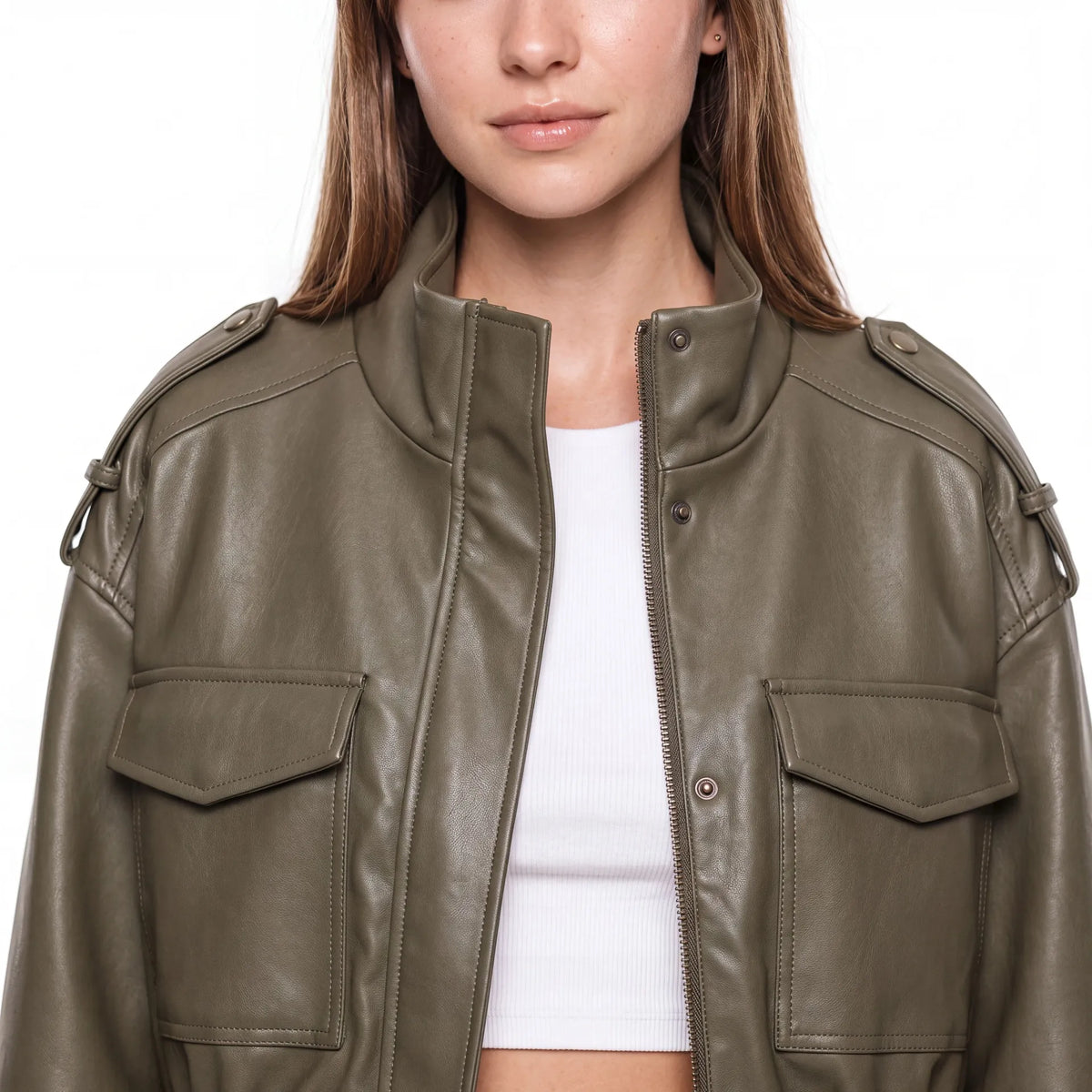 Marlowe Leather-Look Bomber Jacket — Olive
