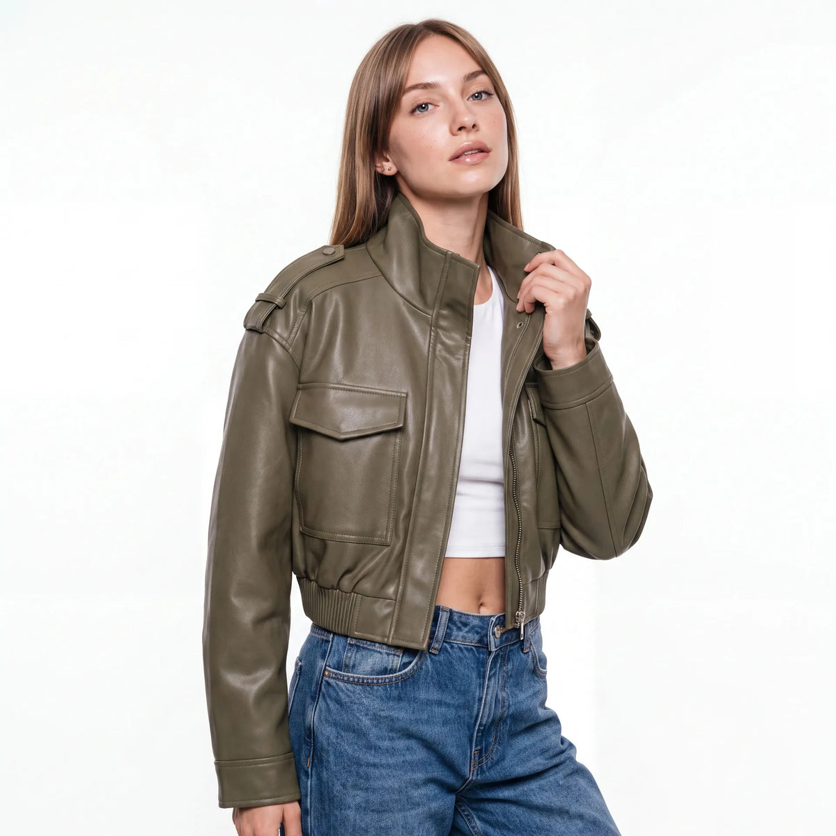 Marlowe Leather-Look Bomber Jacket — Olive